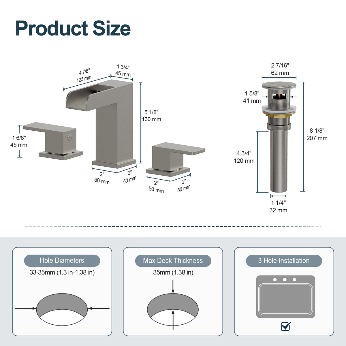 Two-Handle Waterfall Widespread Bathroom Sink Faucet With Pop-Up Drain