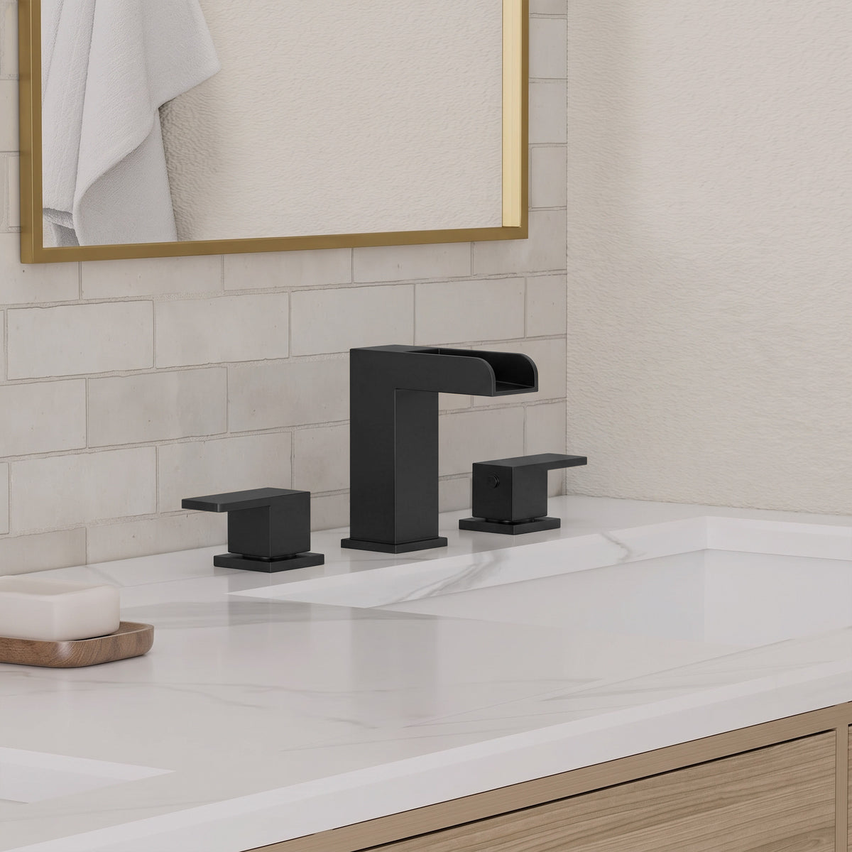 Two-Handle Waterfall Widespread Bathroom Sink Faucet With Pop-Up Drain