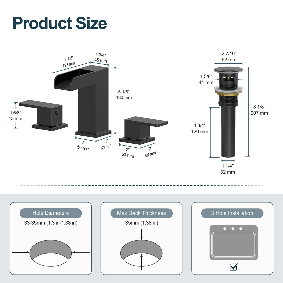 Two-Handle Waterfall Widespread Bathroom Sink Faucet With Pop-Up Drain