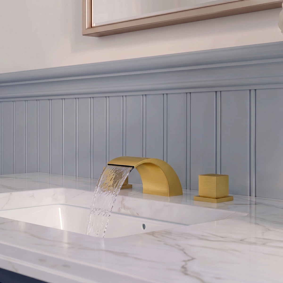 Two-Handle Waterfall Widespread Bathroom Sink Faucet With Pop-Up Drain