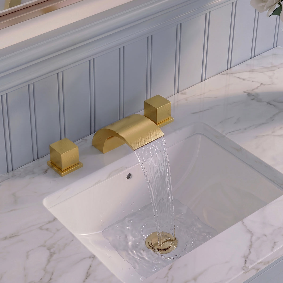 Two-Handle Waterfall Widespread Bathroom Sink Faucet With Pop-Up Drain