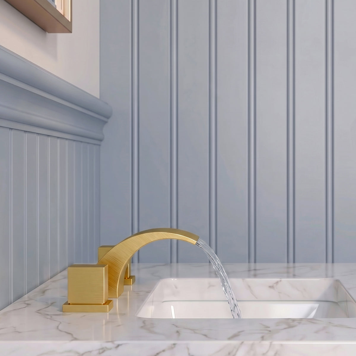 Two-Handle Waterfall Widespread Bathroom Sink Faucet With Pop-Up Drain