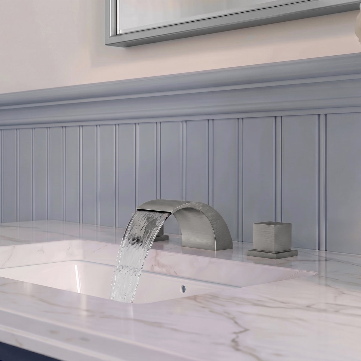 Two-Handle Waterfall Widespread Bathroom Sink Faucet With Pop-Up Drain