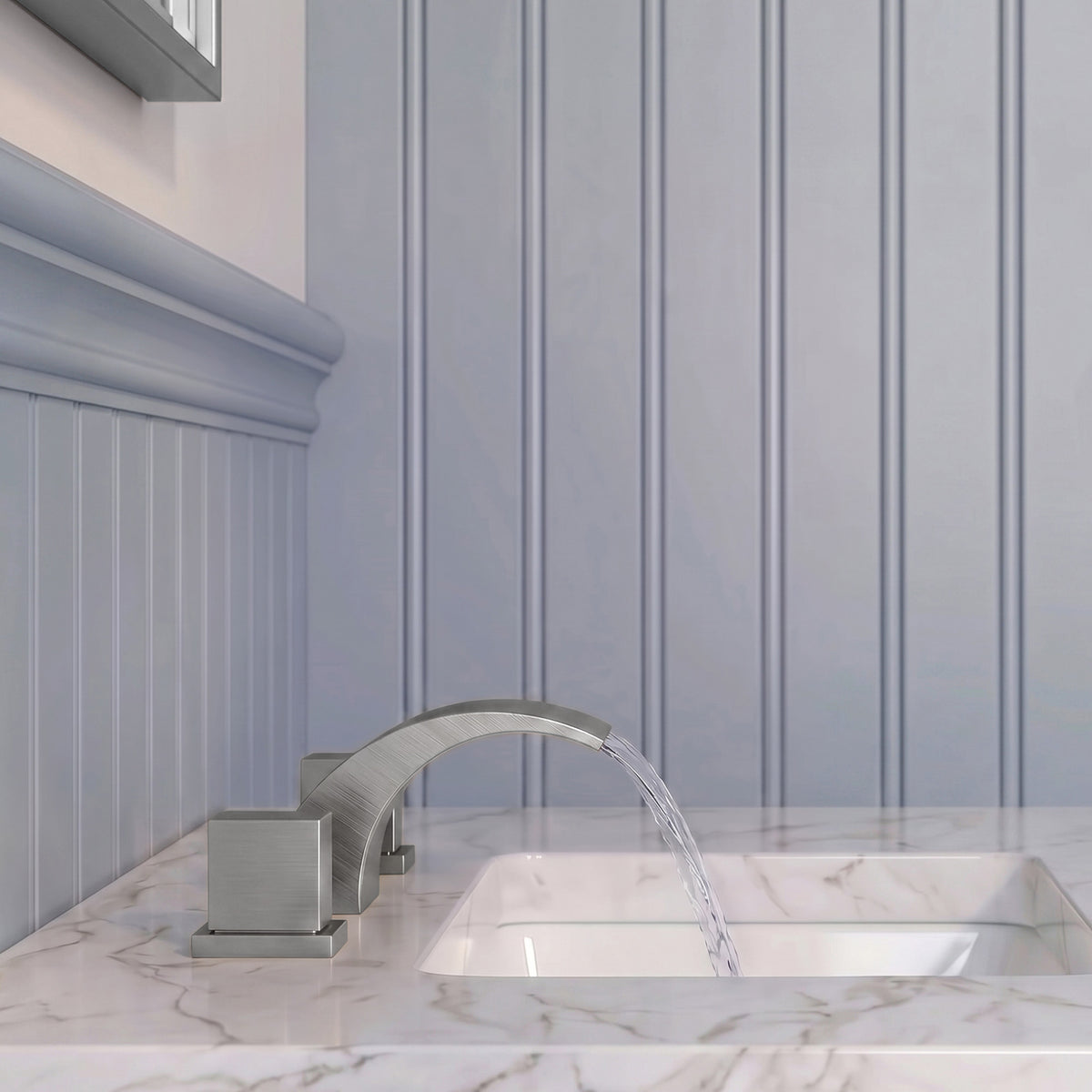 Two-Handle Waterfall Widespread Bathroom Sink Faucet With Pop-Up Drain