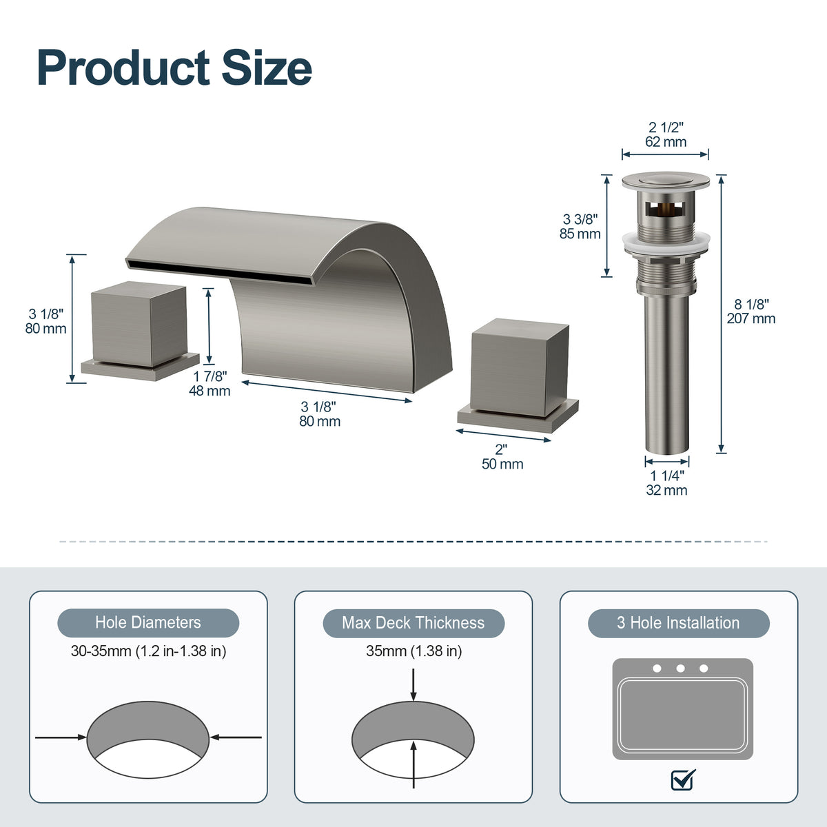 Two-Handle Waterfall Widespread Bathroom Sink Faucet With Pop-Up Drain