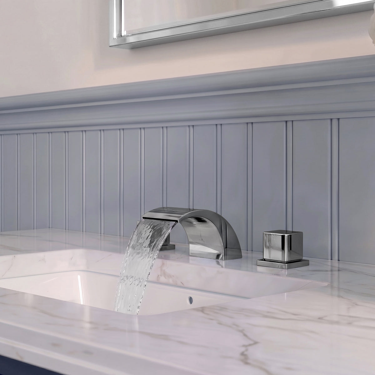Two-Handle Waterfall Widespread Bathroom Sink Faucet With Pop-Up Drain