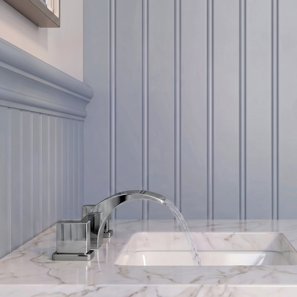 Two-Handle Waterfall Widespread Bathroom Sink Faucet With Pop-Up Drain