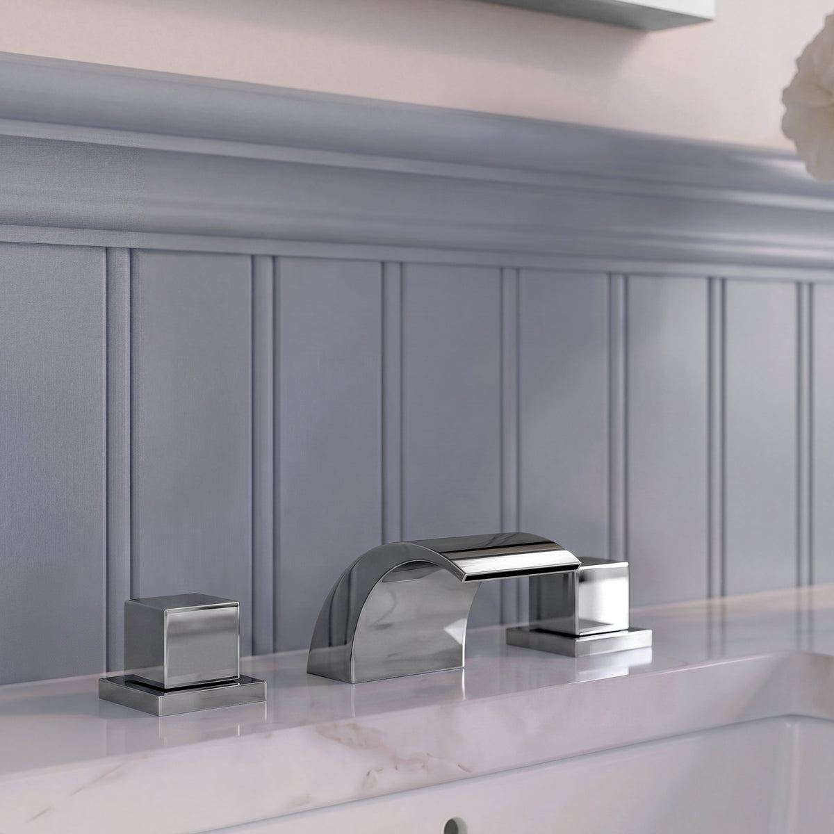 Two-Handle Waterfall Widespread Bathroom Sink Faucet With Pop-Up Drain
