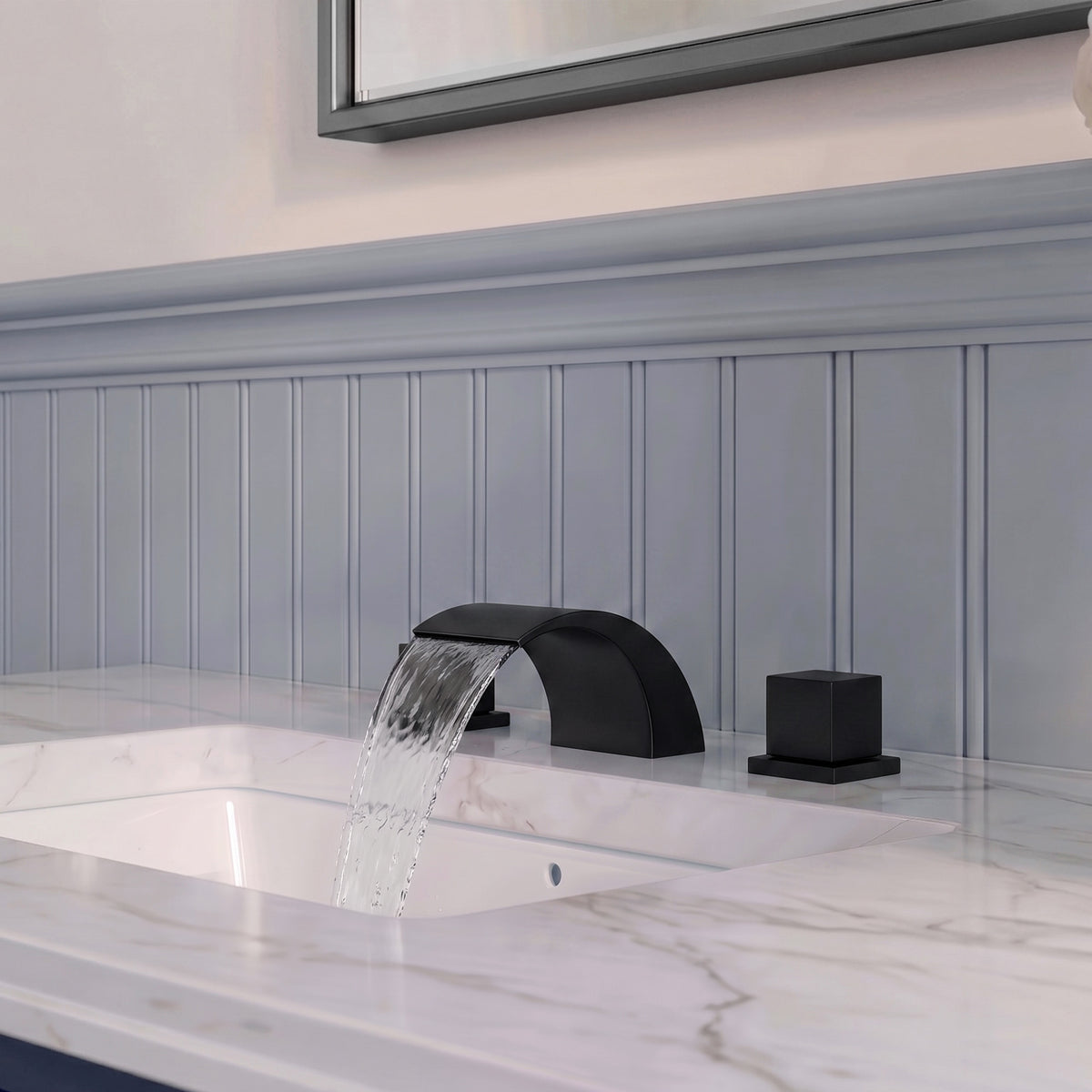 Two-Handle Waterfall Widespread Bathroom Sink Faucet With Pop-Up Drain