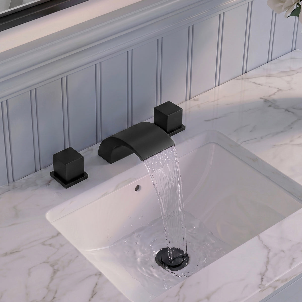 Two-Handle Waterfall Widespread Bathroom Sink Faucet With Pop-Up Drain
