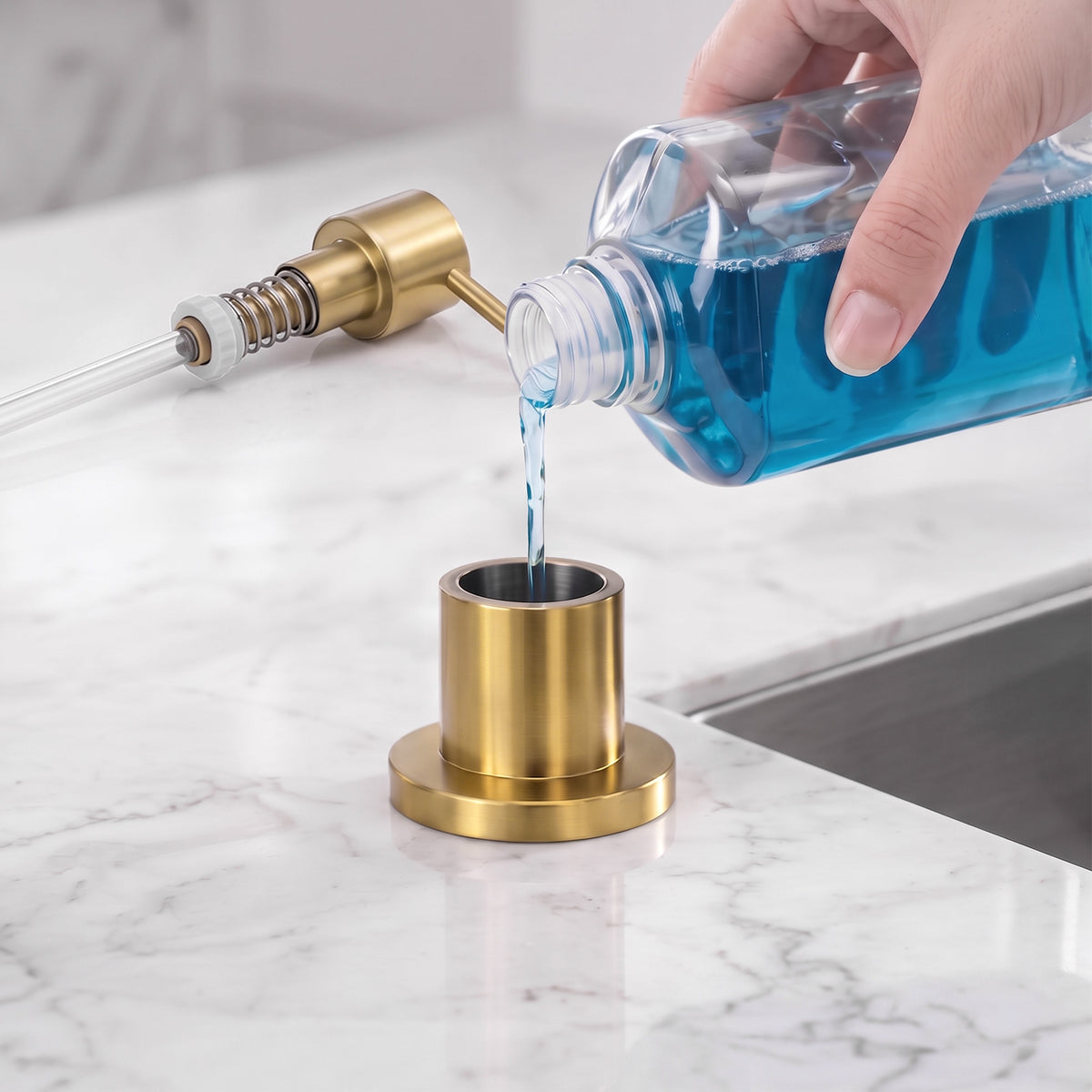 Deck-Mounted Liquid Soap Dispenser with 360-Degree Swivel Spout and Top-Fill Pump