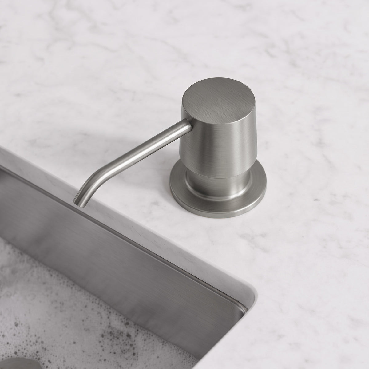 Deck-Mounted Liquid Soap Dispenser with 360-Degree Swivel Spout and Top-Fill Pump