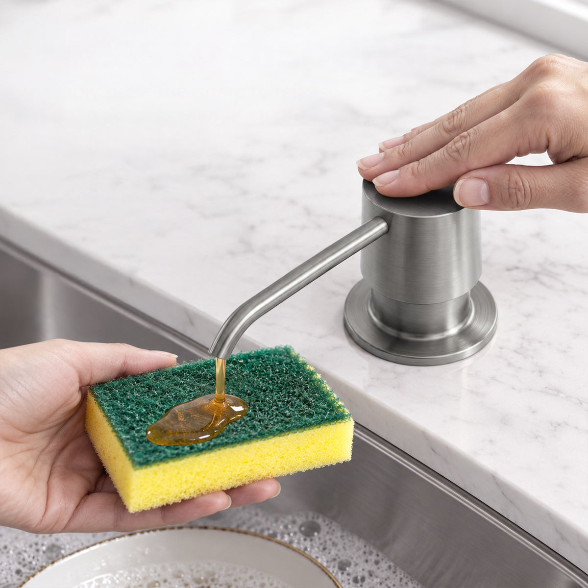 Deck-Mounted Liquid Soap Dispenser with 360-Degree Swivel Spout and Top-Fill Pump