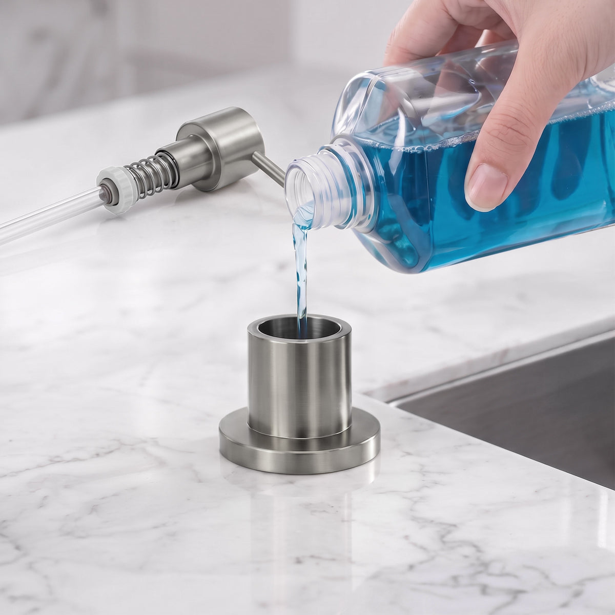 Deck-Mounted Liquid Soap Dispenser with 360-Degree Swivel Spout and Top-Fill Pump