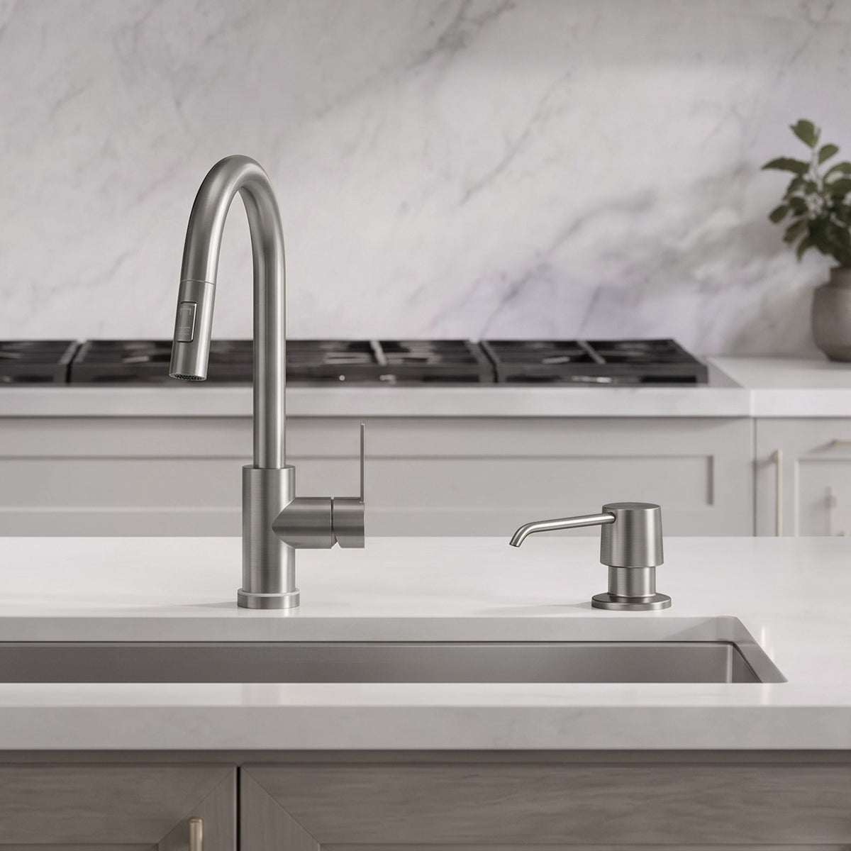 Deck-Mounted Liquid Soap Dispenser with 360-Degree Swivel Spout and Top-Fill Pump