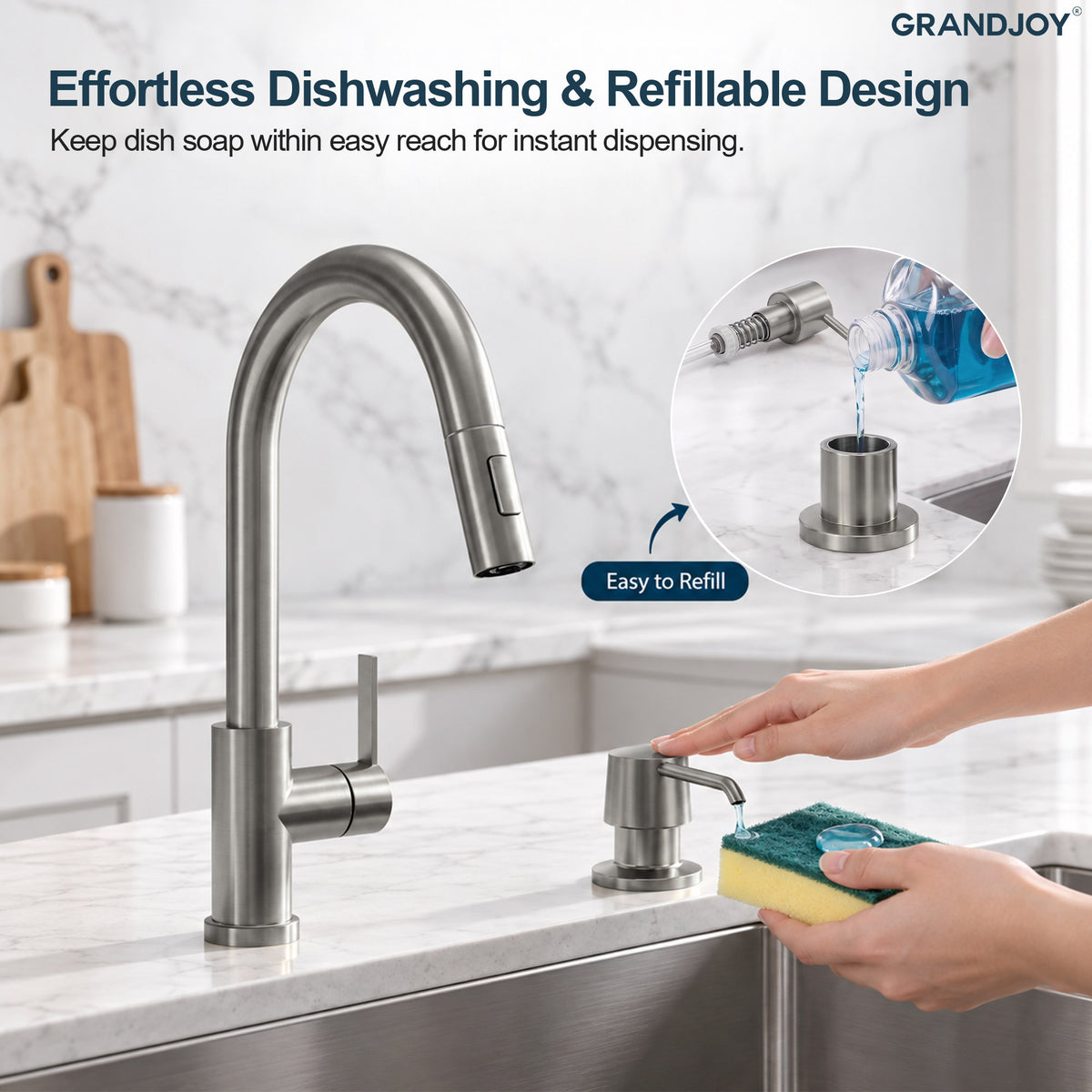 Deck-Mounted Liquid Soap Dispenser with 360-Degree Swivel Spout and Top-Fill Pump