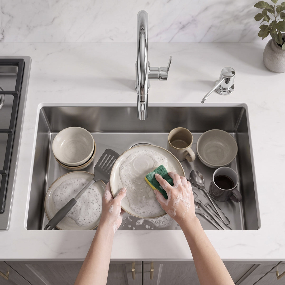 Deck-Mounted Liquid Soap Dispenser with 360-Degree Swivel Spout and Top-Fill Pump