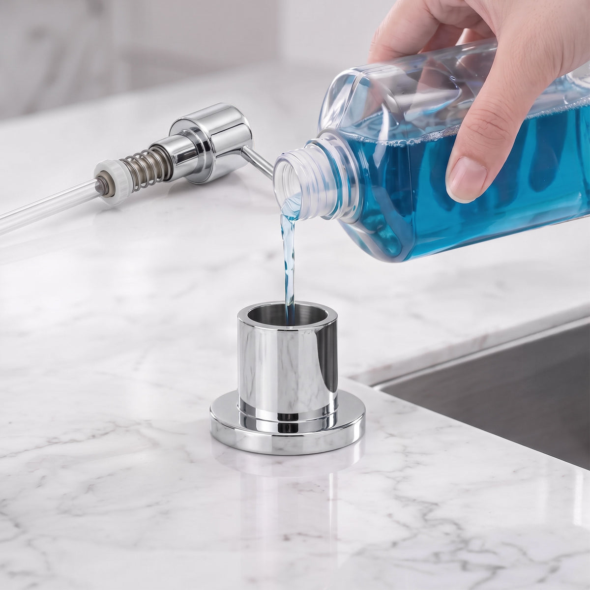 Deck-Mounted Liquid Soap Dispenser with 360-Degree Swivel Spout and Top-Fill Pump