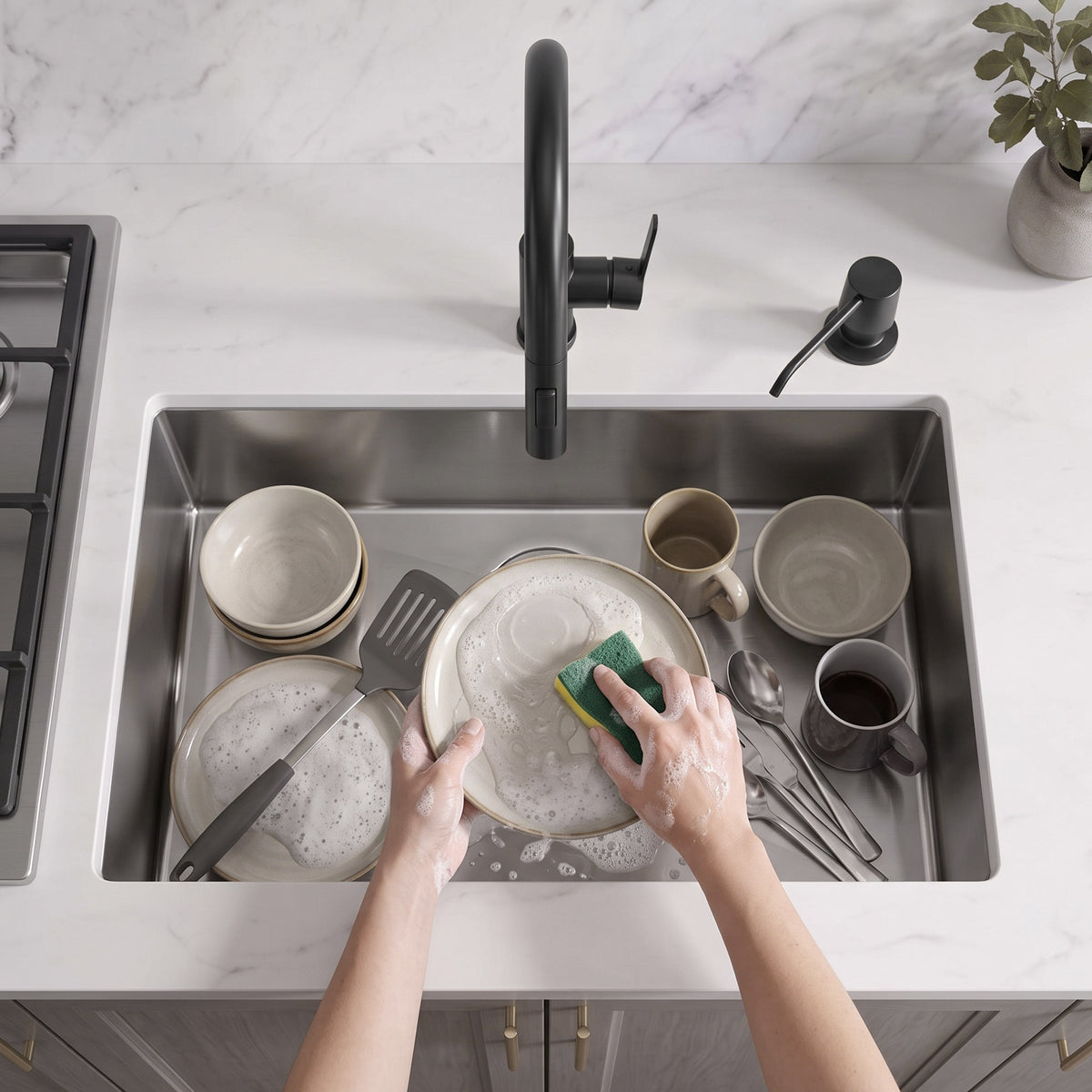 Deck-Mounted Liquid Soap Dispenser with 360-Degree Swivel Spout and Top-Fill Pump