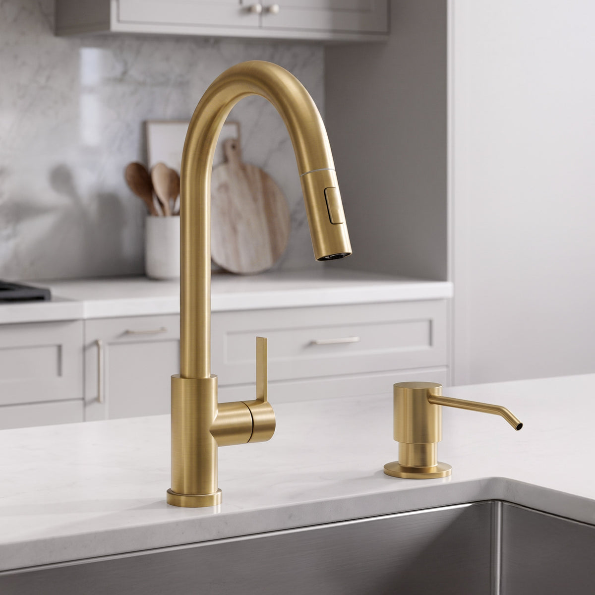 Deck-Mounted Liquid Soap Dispenser with Slim Pump Head and Straight Spout