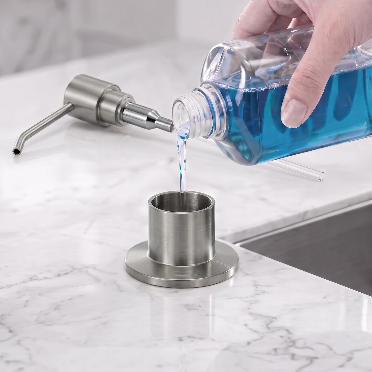 Deck-Mounted Liquid Soap Dispenser with Slim Pump Head and Straight Spout