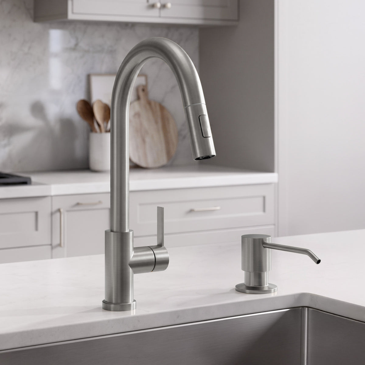 Deck-Mounted Liquid Soap Dispenser with Slim Pump Head and Straight Spout