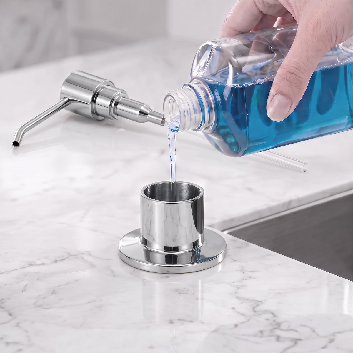 Deck-Mounted Liquid Soap Dispenser with Slim Pump Head and Straight Spout