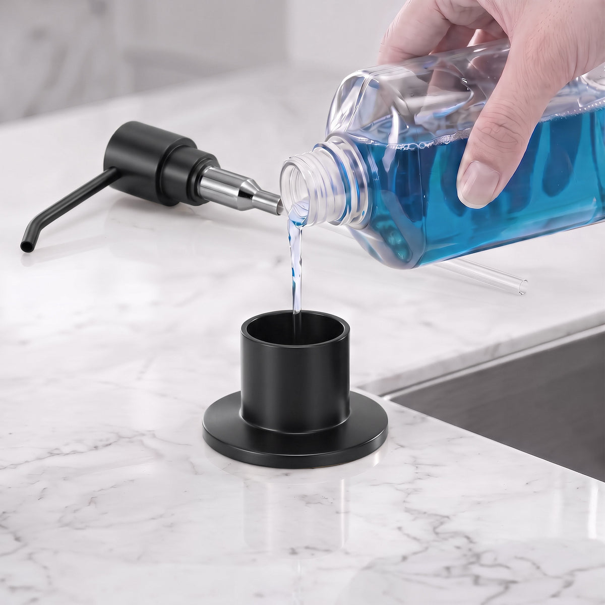 Deck-Mounted Liquid Soap Dispenser with Slim Pump Head and Straight Spout