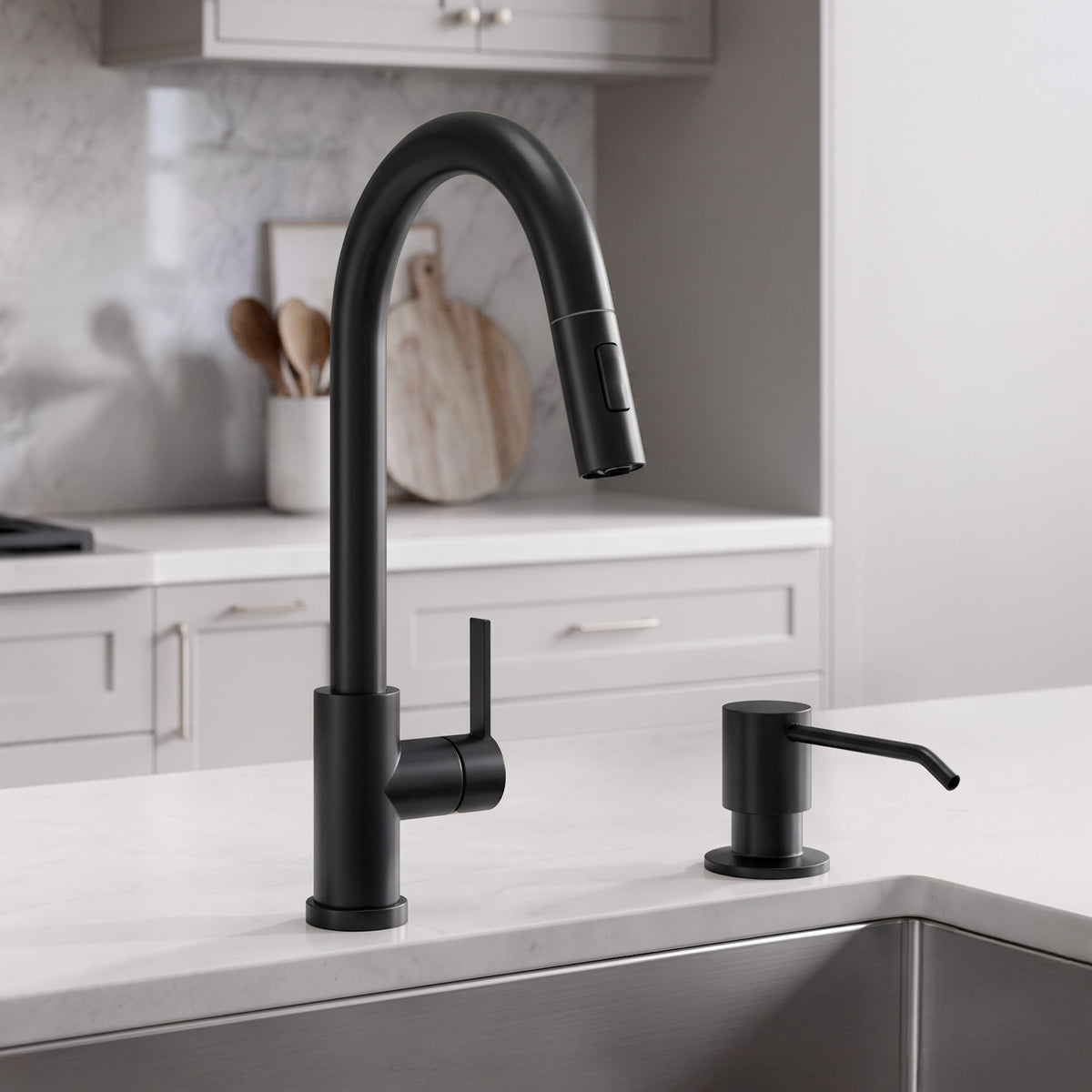 Deck-Mounted Liquid Soap Dispenser with Slim Pump Head and Straight Spout