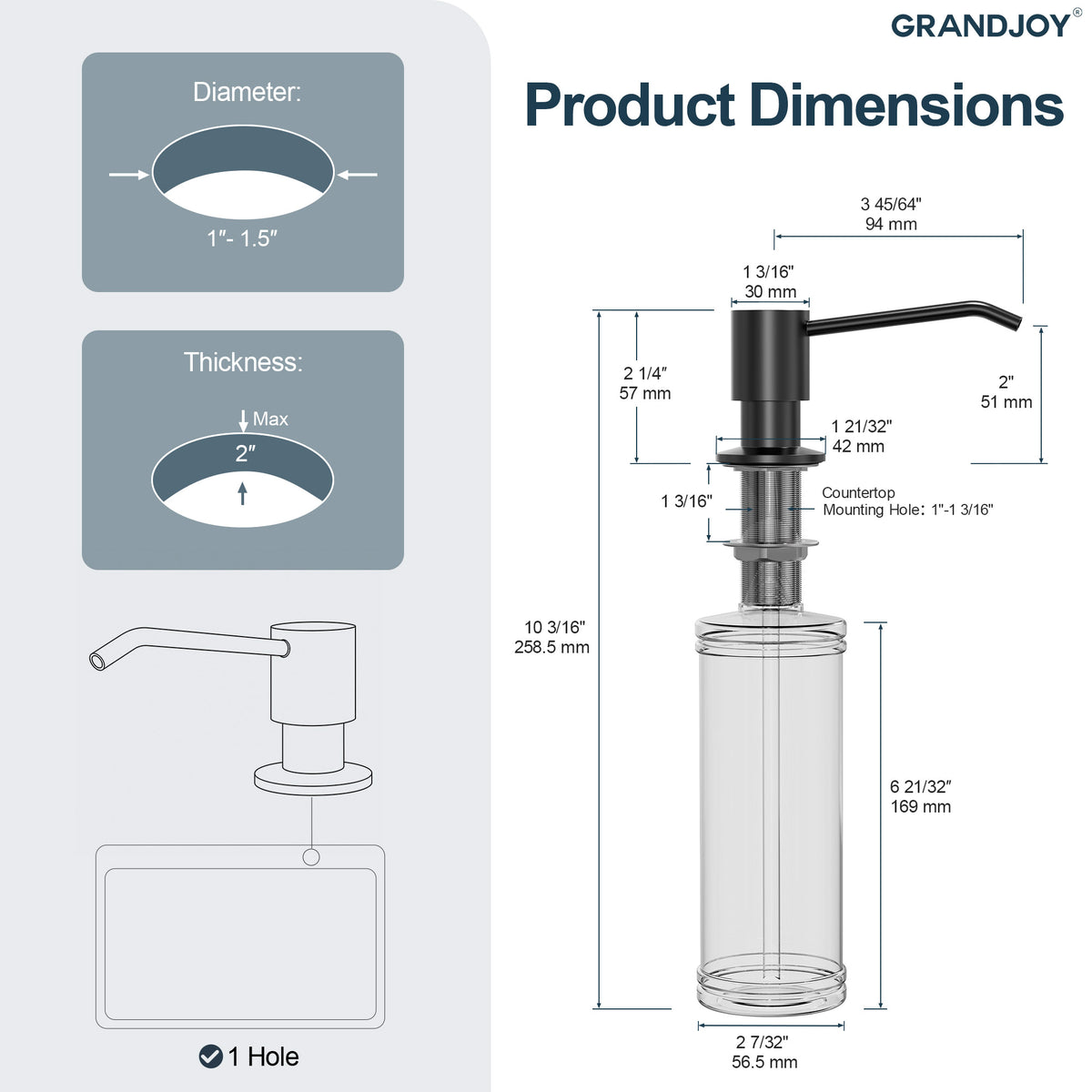 Deck-Mounted Liquid Soap Dispenser with Slim Pump Head and Straight Spout
