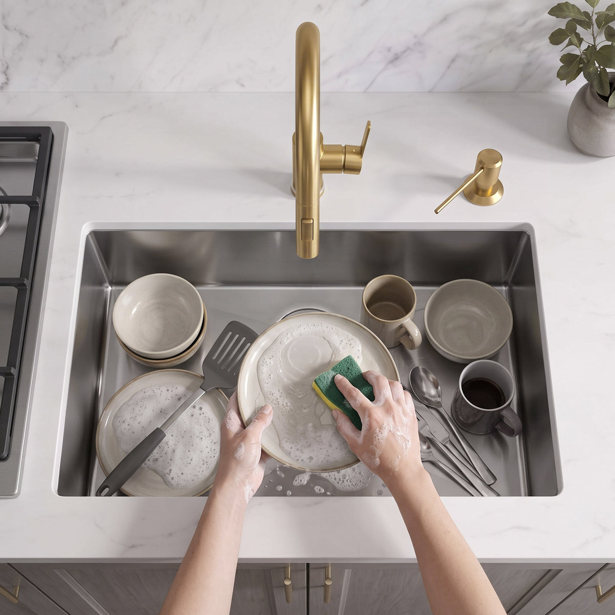 Deck-Mounted Liquid Soap Dispenser with Long Slim Spout and Domed Flange