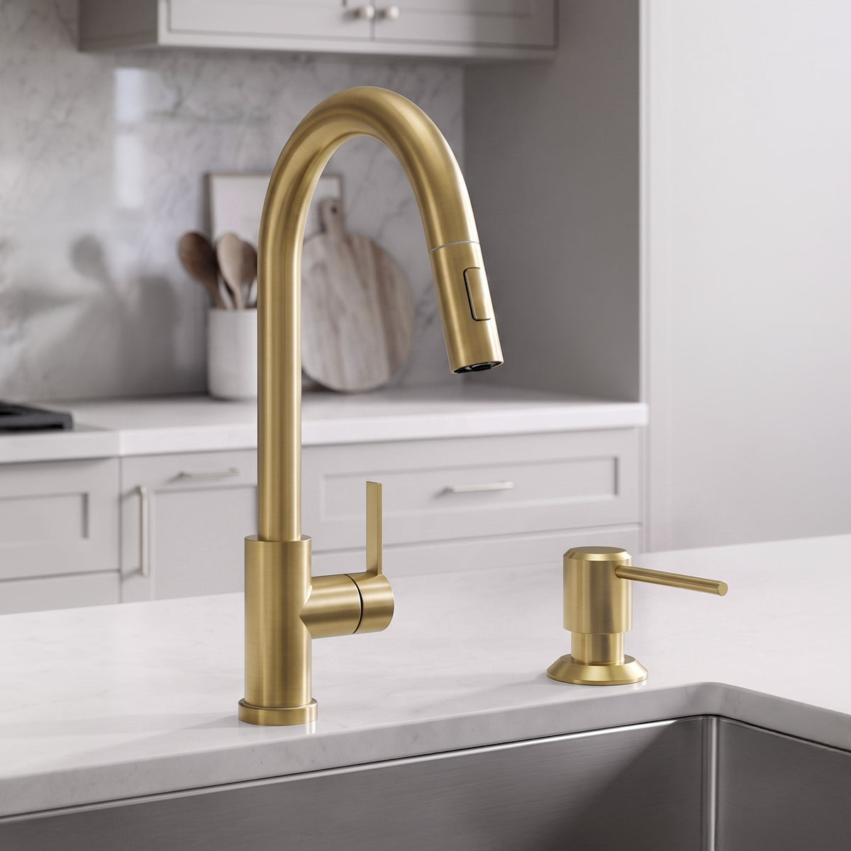 Deck-Mounted Liquid Soap Dispenser with Long Slim Spout and Domed Flange