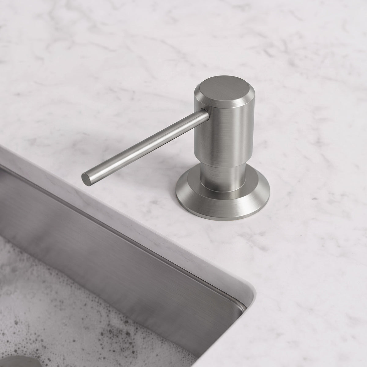 Deck-Mounted Liquid Soap Dispenser with Long Slim Spout and Domed Flange