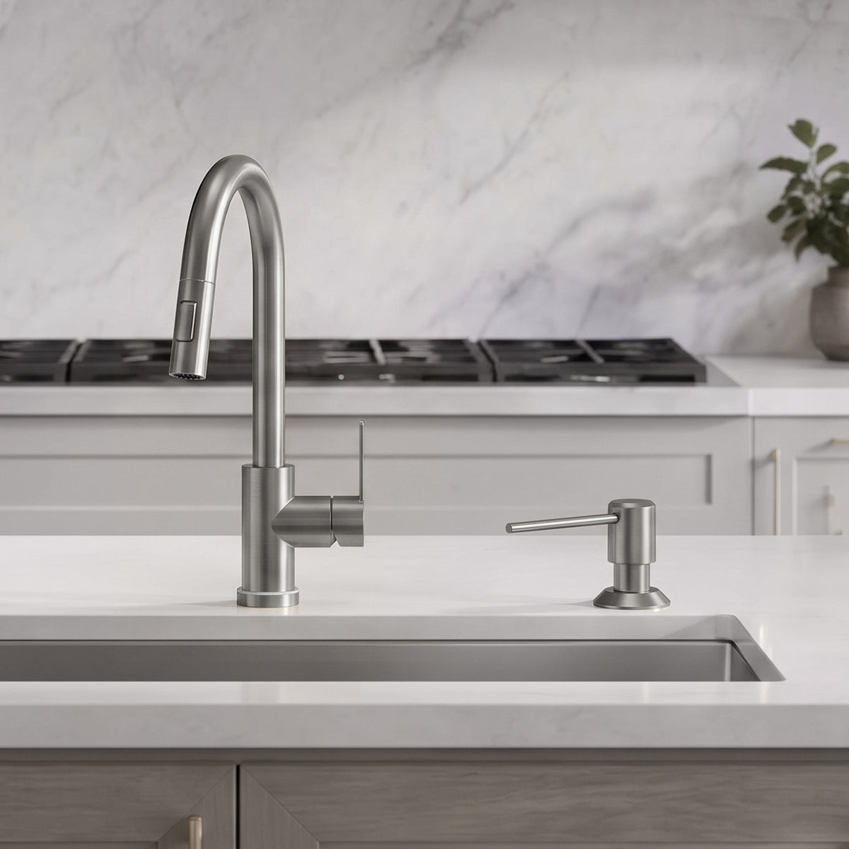 Deck-Mounted Liquid Soap Dispenser with Long Slim Spout and Domed Flange