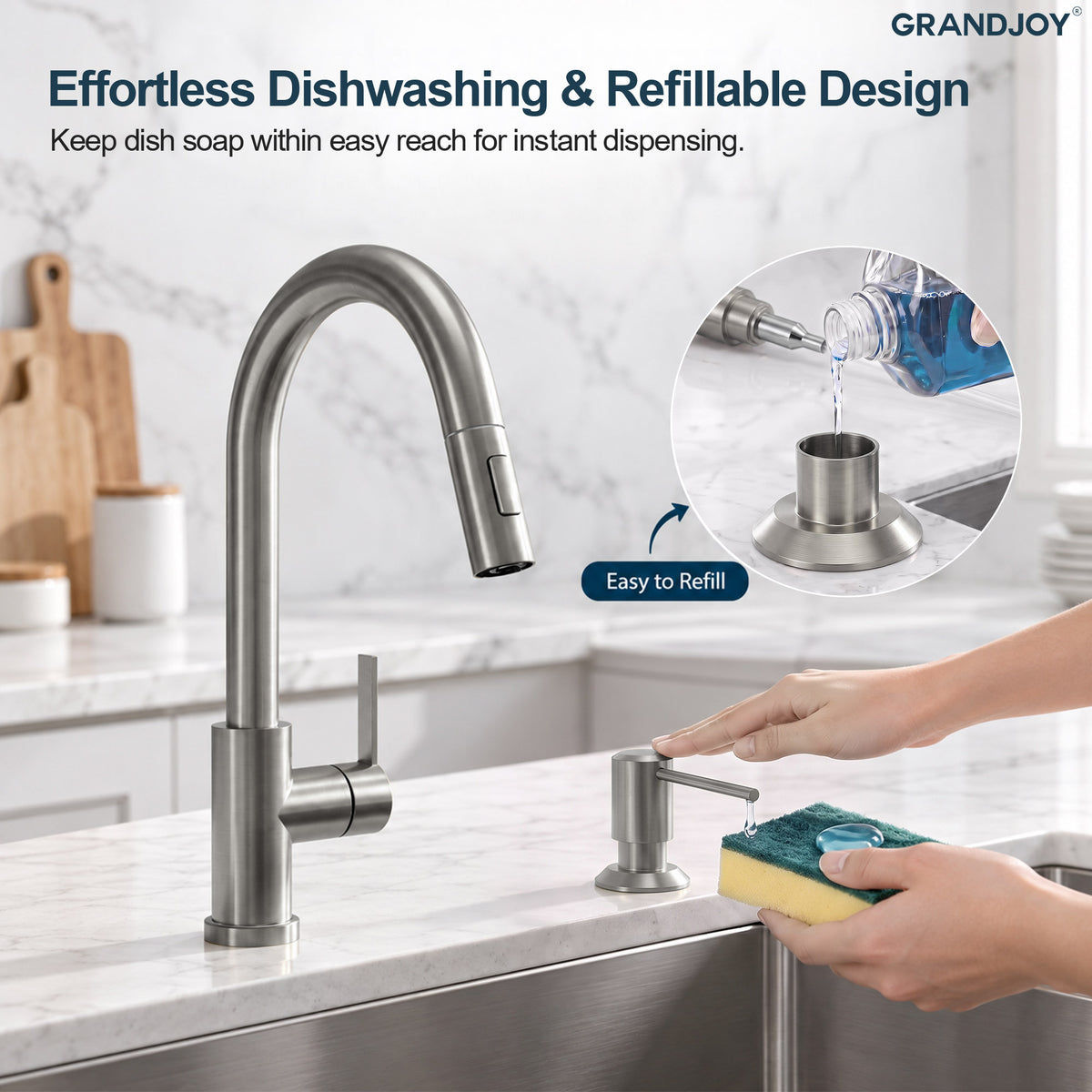 Deck-Mounted Liquid Soap Dispenser with Long Slim Spout and Domed Flange