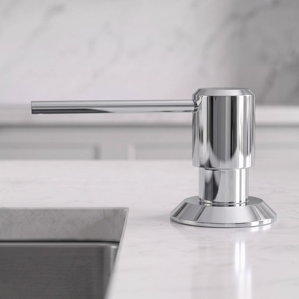 Deck-Mounted Liquid Soap Dispenser with Long Slim Spout and Domed Flange