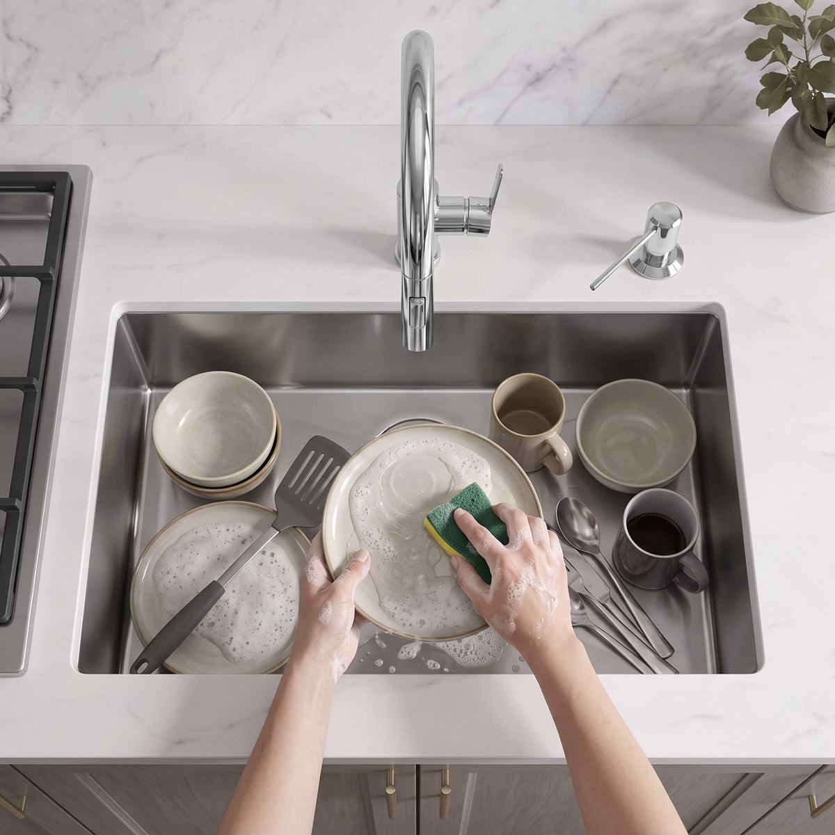 Deck-Mounted Liquid Soap Dispenser with Long Slim Spout and Domed Flange