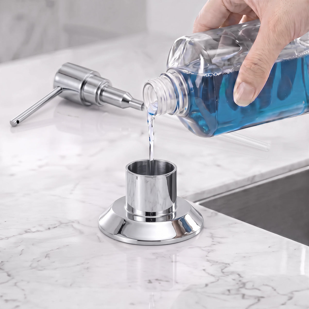 Deck-Mounted Liquid Soap Dispenser with Long Slim Spout and Domed Flange