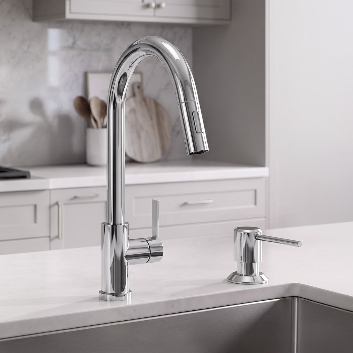 Deck-Mounted Liquid Soap Dispenser with Long Slim Spout and Domed Flange