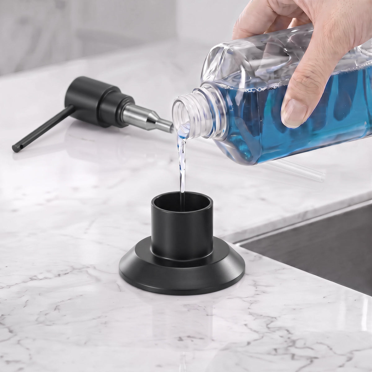 Deck-Mounted Liquid Soap Dispenser with Long Slim Spout and Domed Flange