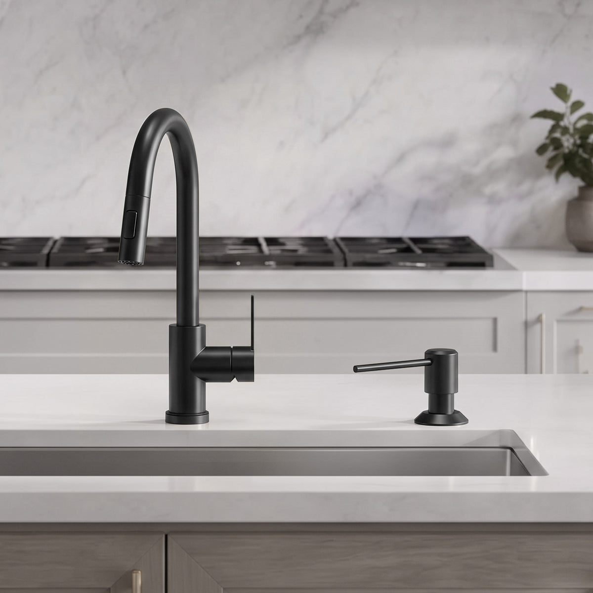 Deck-Mounted Liquid Soap Dispenser with Long Slim Spout and Domed Flange