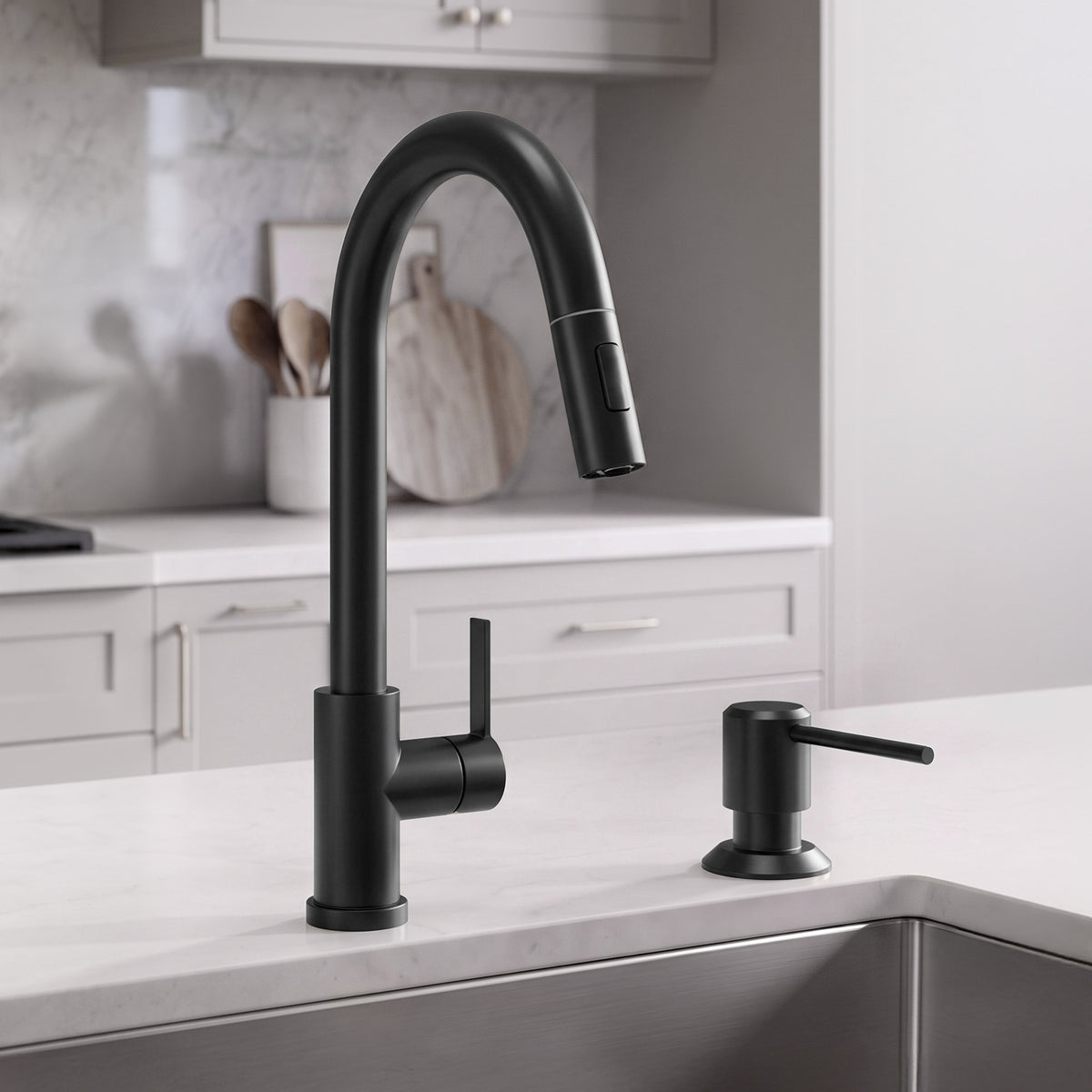 Deck-Mounted Liquid Soap Dispenser with Long Slim Spout and Domed Flange