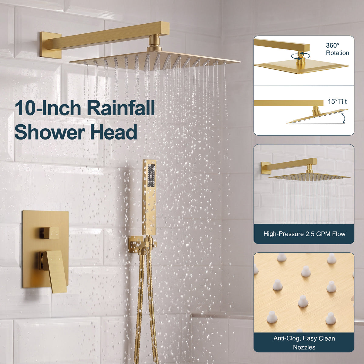 Square Wall-Mounted Pressure-Balanced Shower System with Handheld Spray