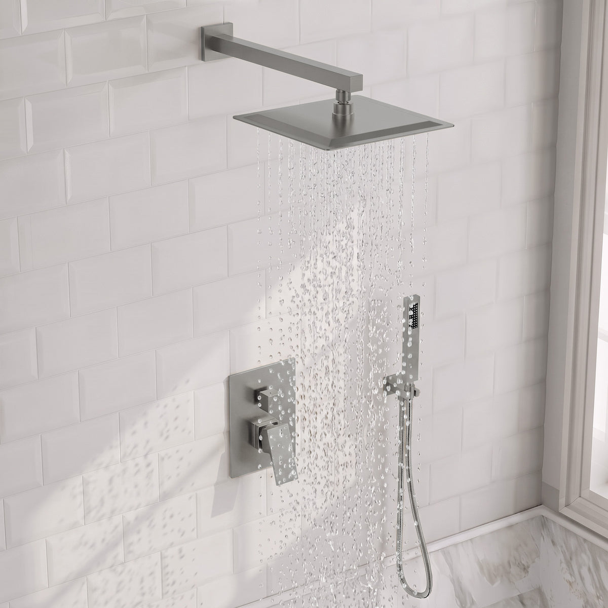 Square Wall-Mounted Pressure-Balanced Shower System with Handheld Spray