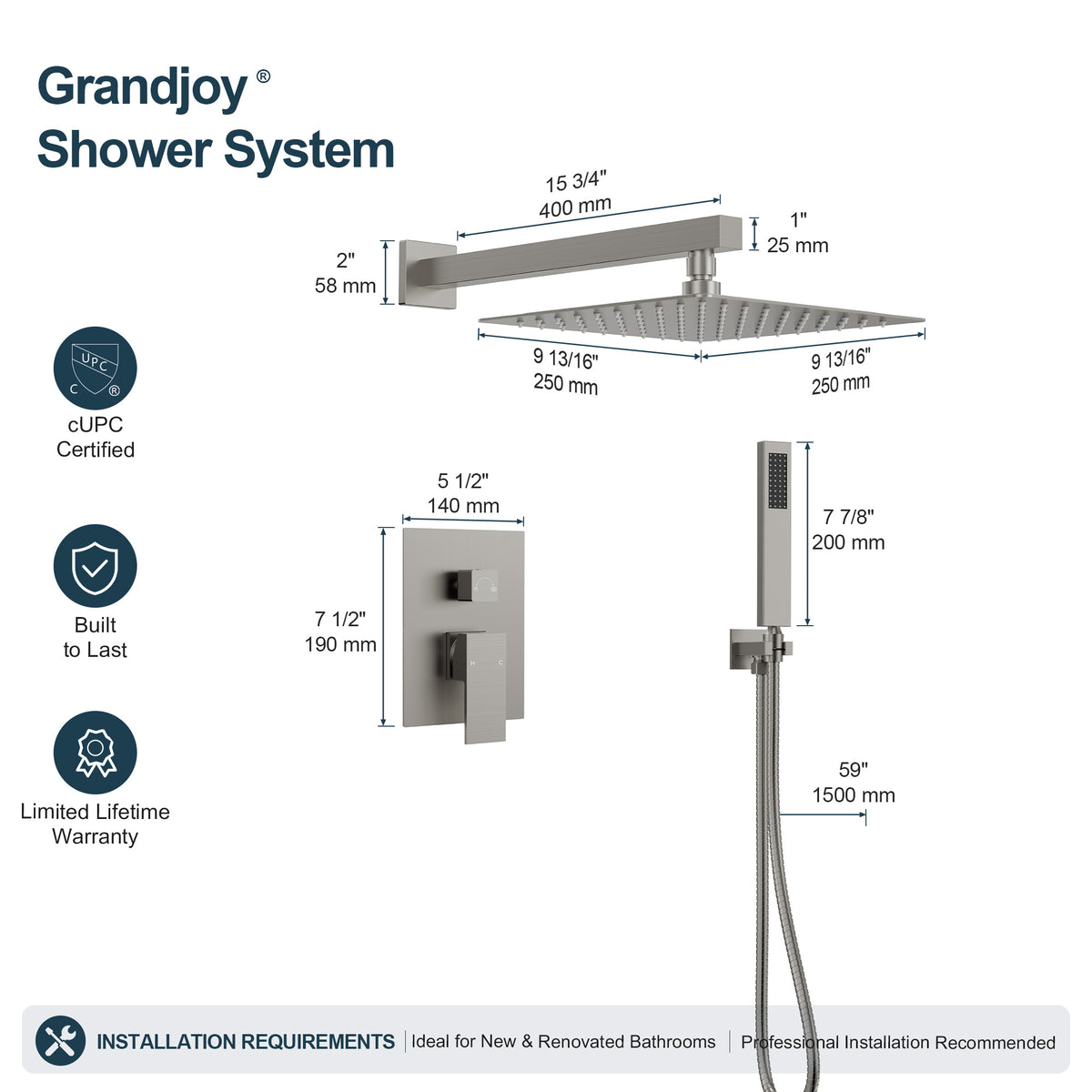 Square Wall-Mounted Pressure-Balanced Shower System with Handheld Spray