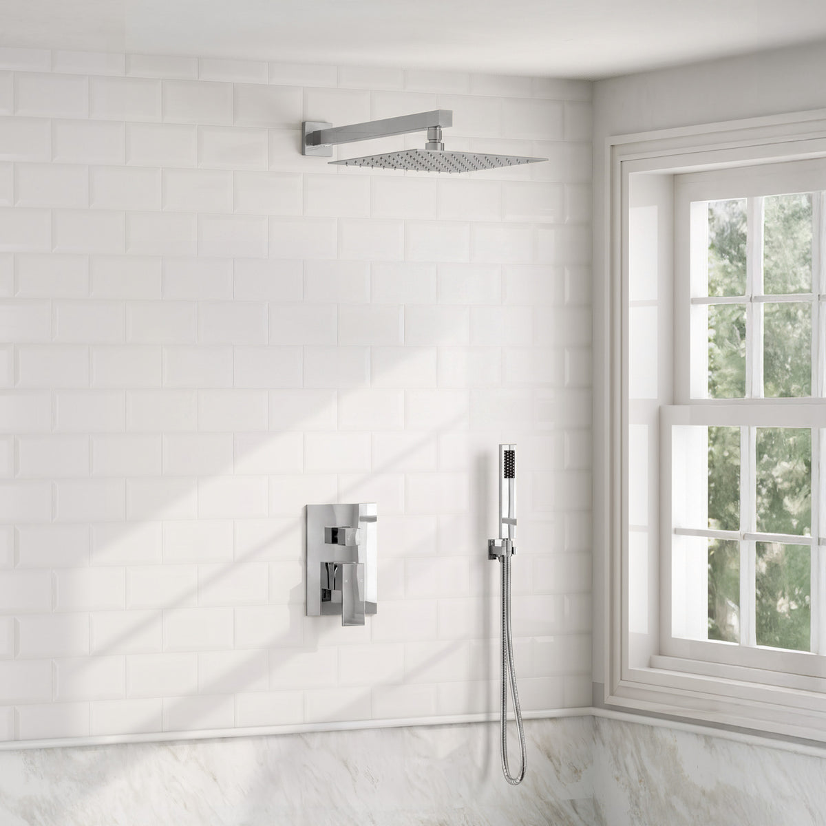 Square Wall-Mounted Pressure-Balanced Shower System with Handheld Spray