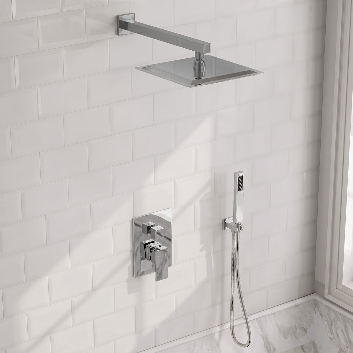 Square Wall-Mounted Pressure-Balanced Shower System with Handheld Spray