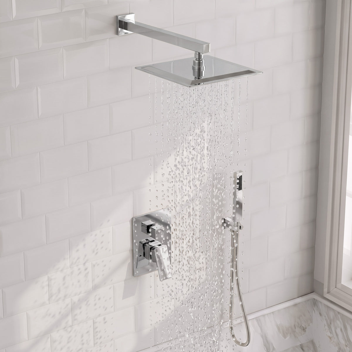 Square Wall-Mounted Pressure-Balanced Shower System with Handheld Spray