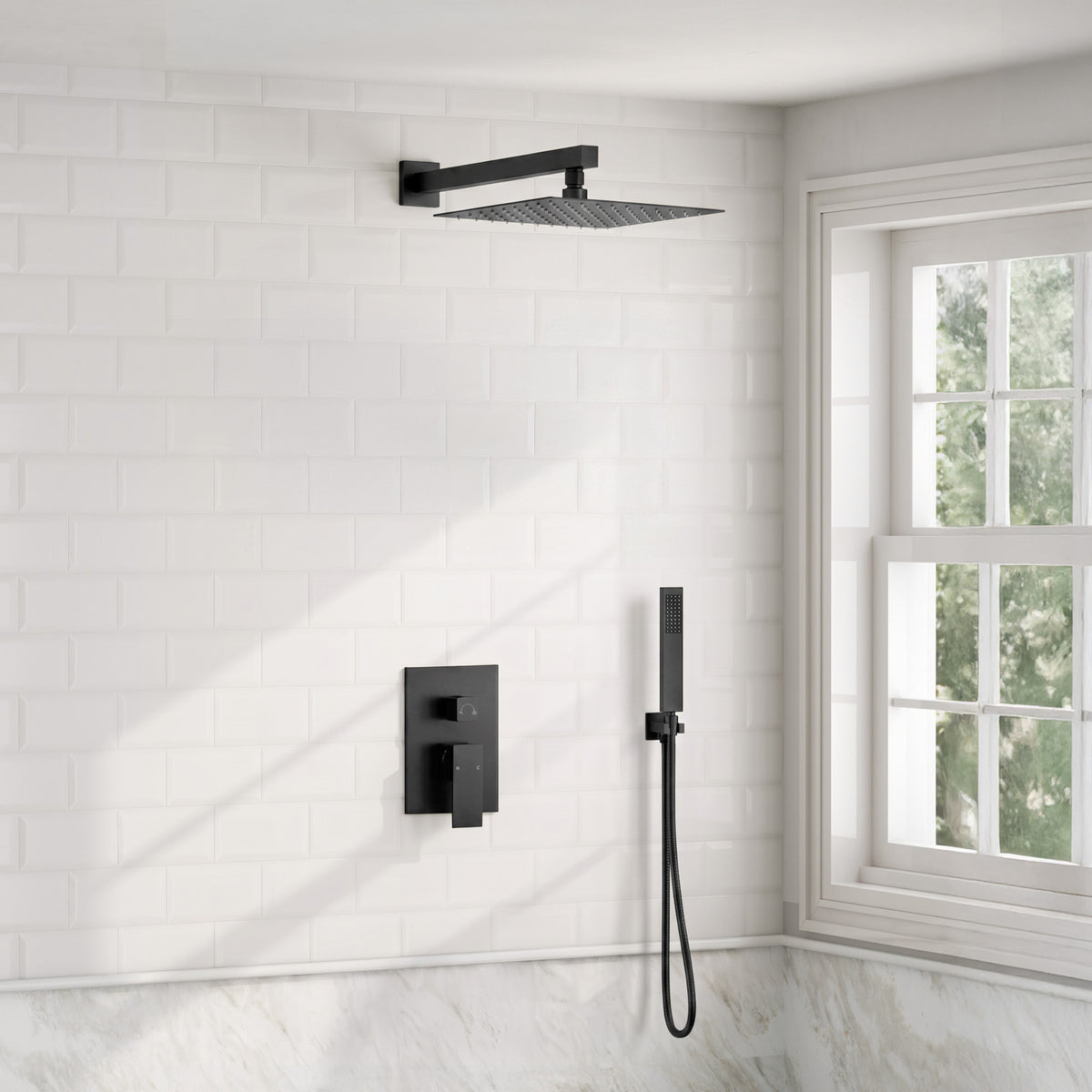 Square Wall-Mounted Pressure-Balanced Shower System with Handheld Spray