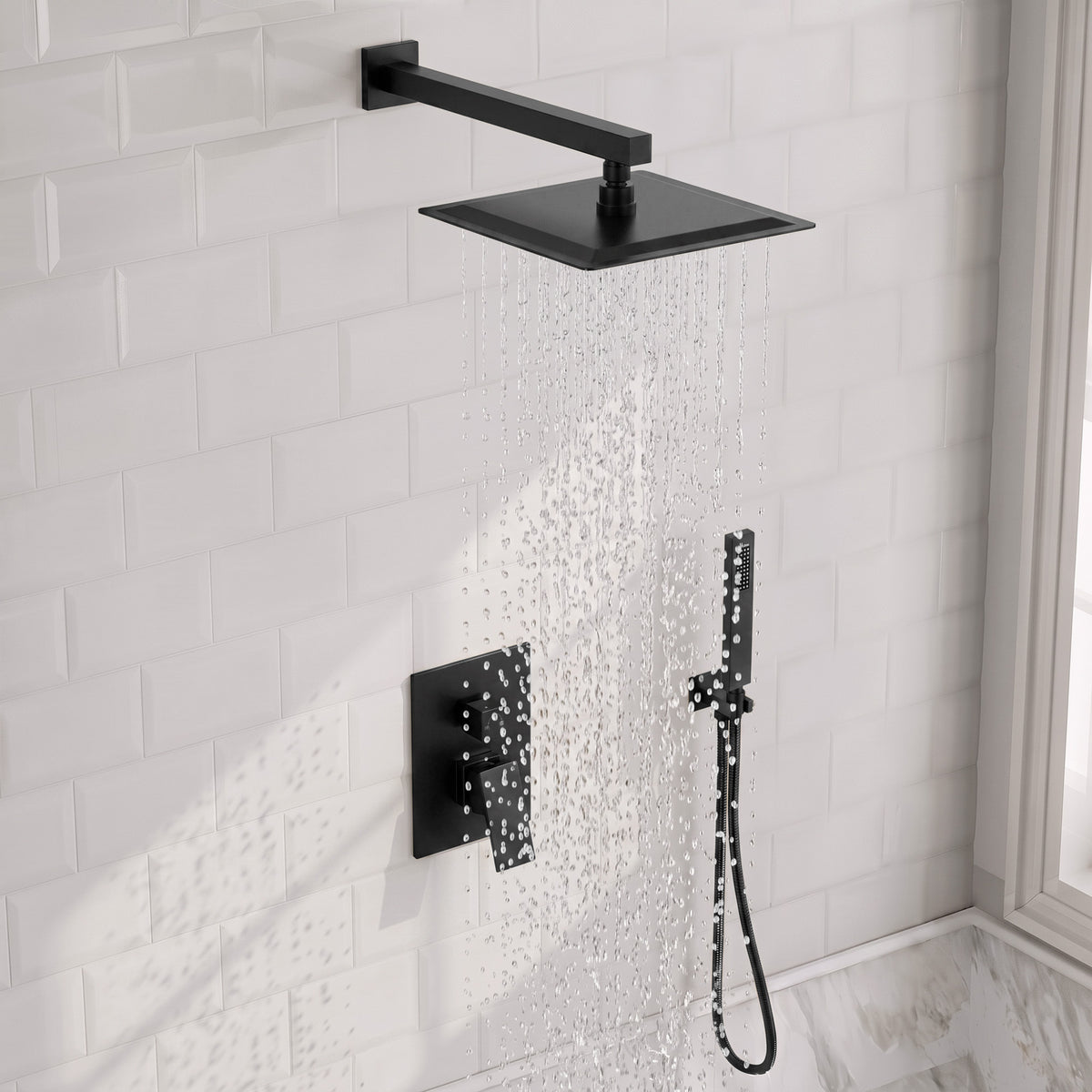 Square Wall-Mounted Pressure-Balanced Shower System with Handheld Spray